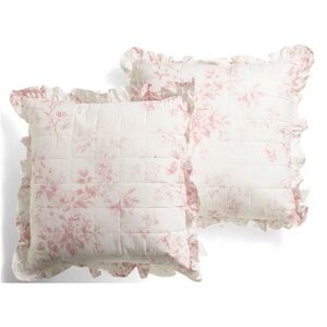 2 Elegant Pink & White Floral Euro Shams with Ruffles ~ Cabbages & Roses London